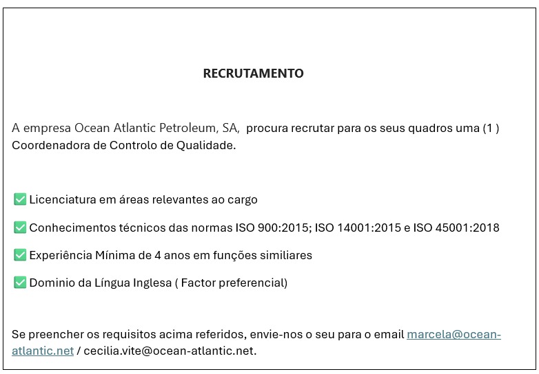 Vaga para uma (1 ) Coordenadora de Controlo de Qualidade
