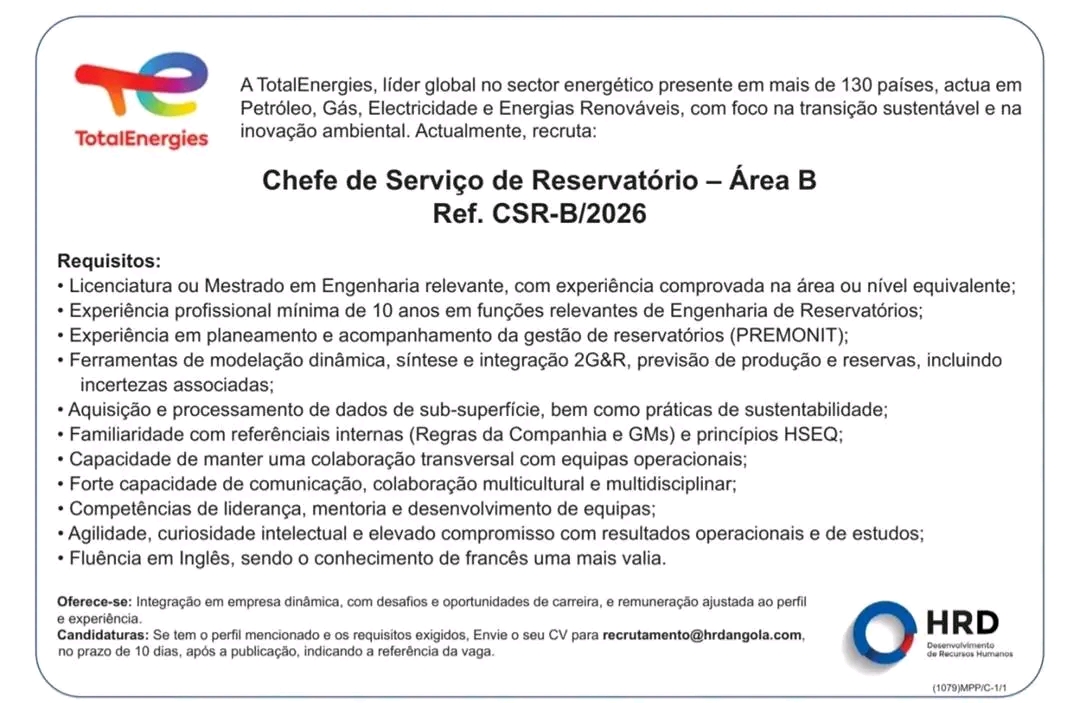 Recruta-se Chefe de Serviço de Reservatório — Área B (Ref. CSR-B/2026)