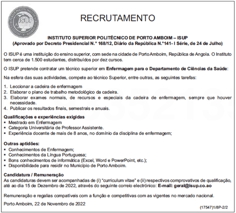 Precisa-se de Técnico Superior em Enfermagem