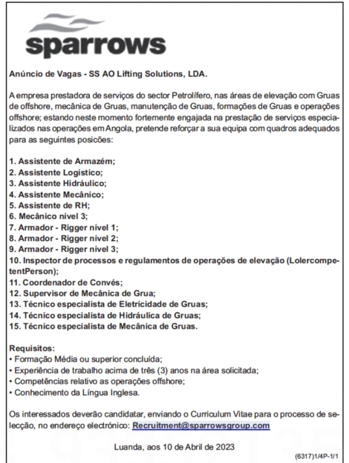 QUINZE (15) VAGAS DE EMPREGO ABERTAS NA SPARROWS
