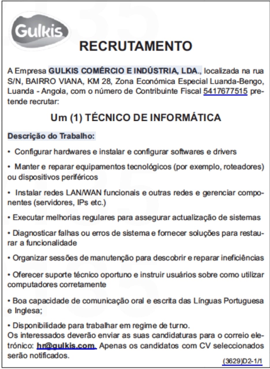 VAGA PARA UM (1) TÉCNICO DE INFORMÁTICA