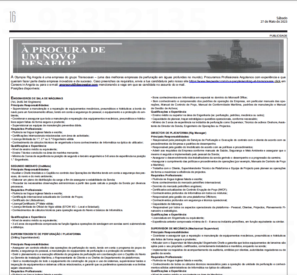 20 Vagas Disponíveis na Olympia Rig Angola (Transocean)