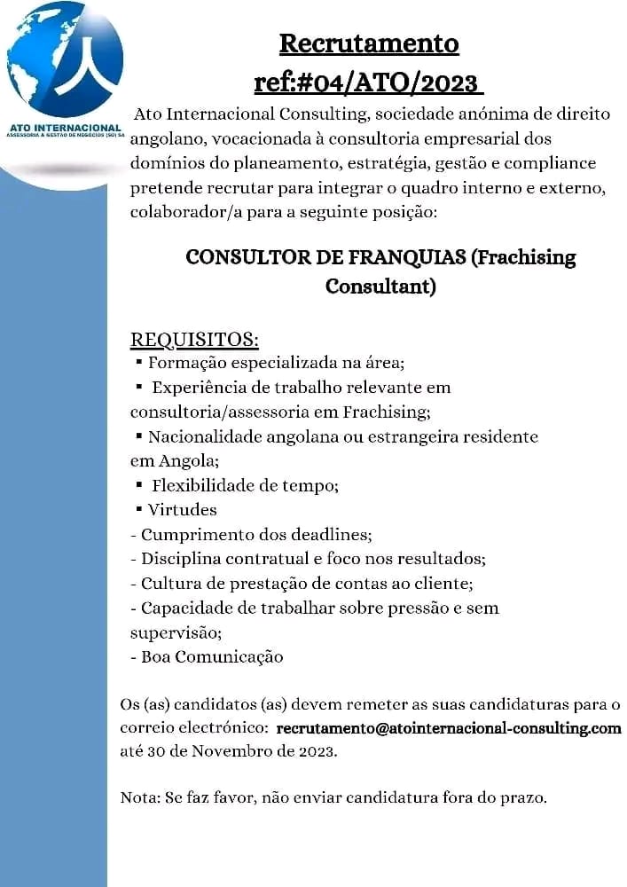 VAGA  PARA CONSULTOR DE FRANQUIAS (Frachising Consultant) 