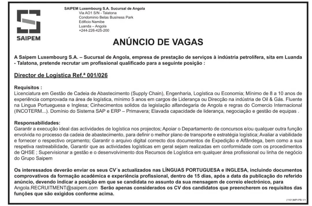 Vaga Aberta para Director de Logística (Ref. 001/026)