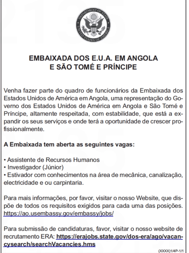 OPORTUNIDADE DE EMPREGO NA EMBAIXADA DOS E.U.A. EM ANGOLA E SÃO TOMÉ E PRÍNCIPE 