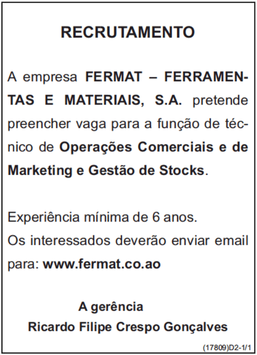Vaga para Técnico de Operações Comerciais e de Marketing e Gestão de Stocks