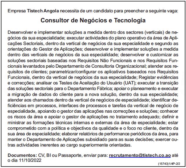 Vaga para Consultor de Negócios e Tecnologia