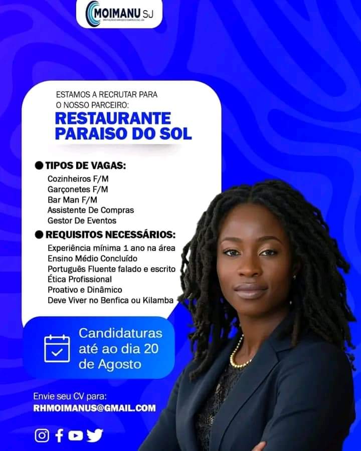 Vagas abertas para Cozinheiros, Garçonetes, Bar Man, Assistente De Compras e  Gestor De Eventos