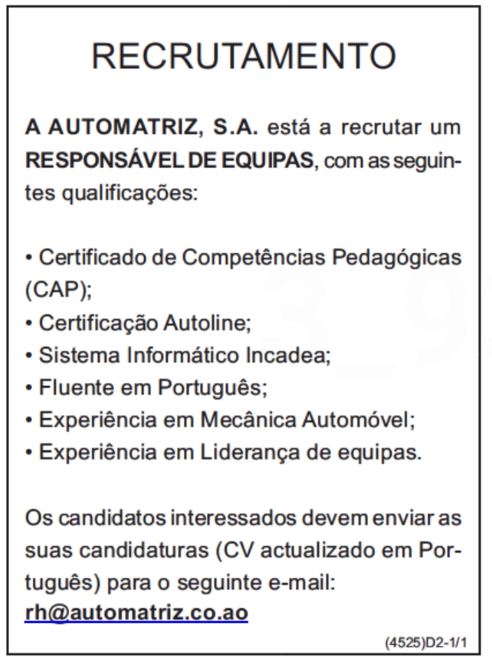 VAGA PARA RESPONSÁVEL DE EQUIPAS