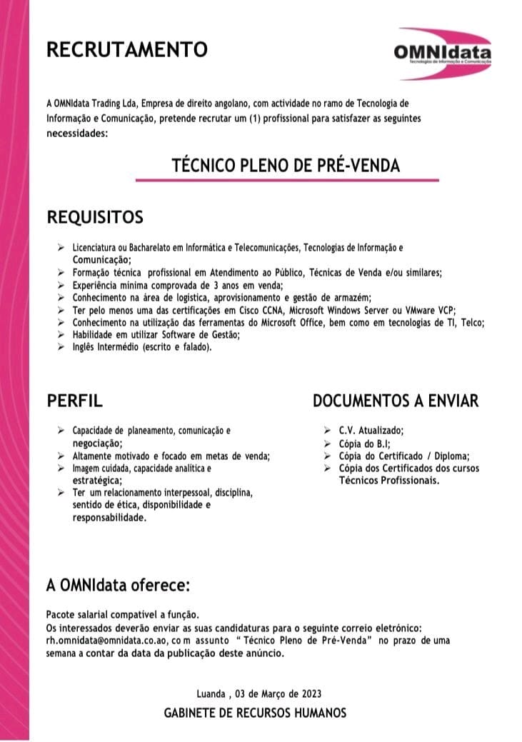 VAGA PARA TÉCNICO PLENO DE PRÉ-VENDA 