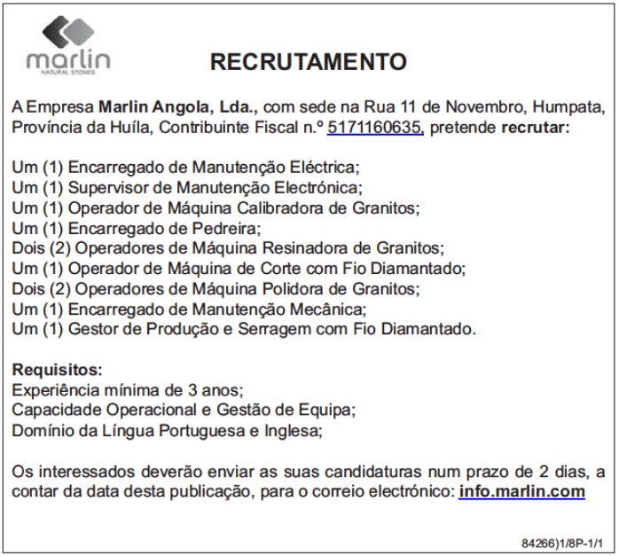 ONZE (11) VAGAS DISPONÍVEIS NA EMPRESA MARLIN ANGOLA LDA
