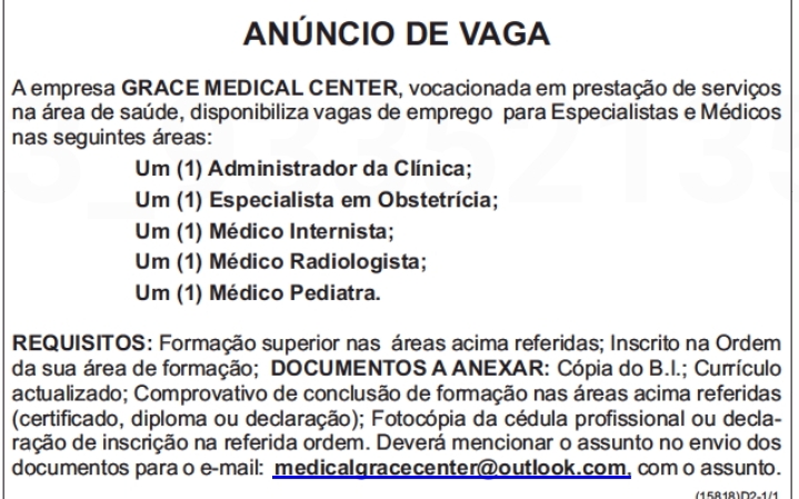 ABERTAS CINCO(5) VAGAS NA GRACE MEDICAL CENTER