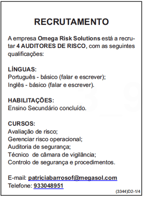 QUATRO (4) VAGAS PARA AUDITORES DE RISCO