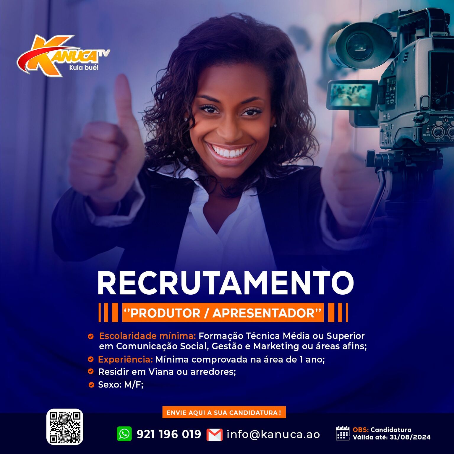 Kanuca TV procura um Produtor / Apresentador com formação Técnica Média ou Superior