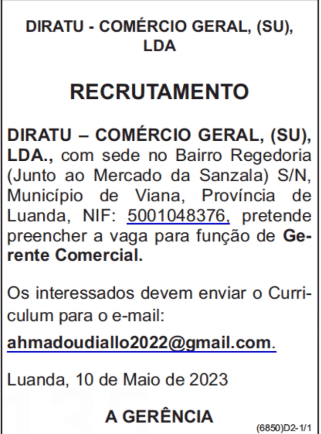 Vaga para Gerente Comercial