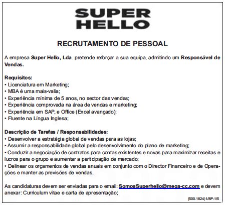 VAGA PARA RESPONSÁVEL DE VENDAS