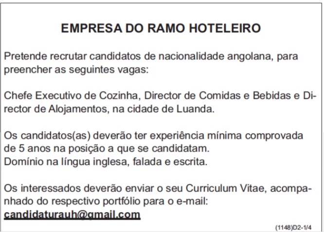 Vaga para Chefe Executivo de Cozinha, Director de Comidas e Bebidas & Director de Alojamentos 