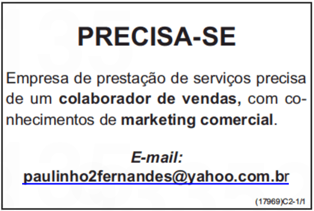 PRECISA-SE DE COLABORADOR DE VENDAS  