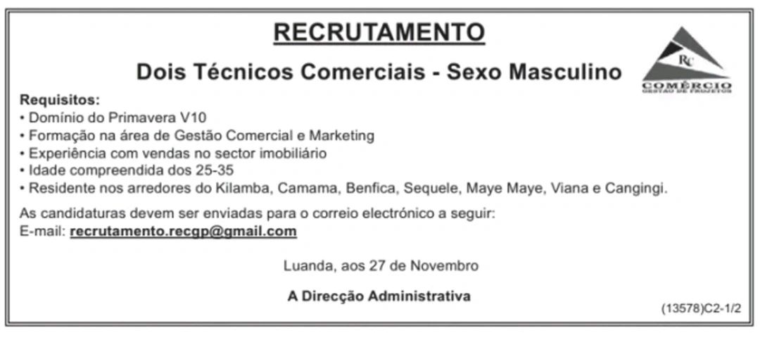 Vaga para Dois (2) Técnicos Comerciais (Sector Imobiliário)