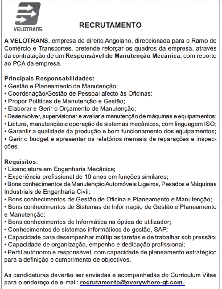 Vaga para Responsável de Manutenção Mecânica