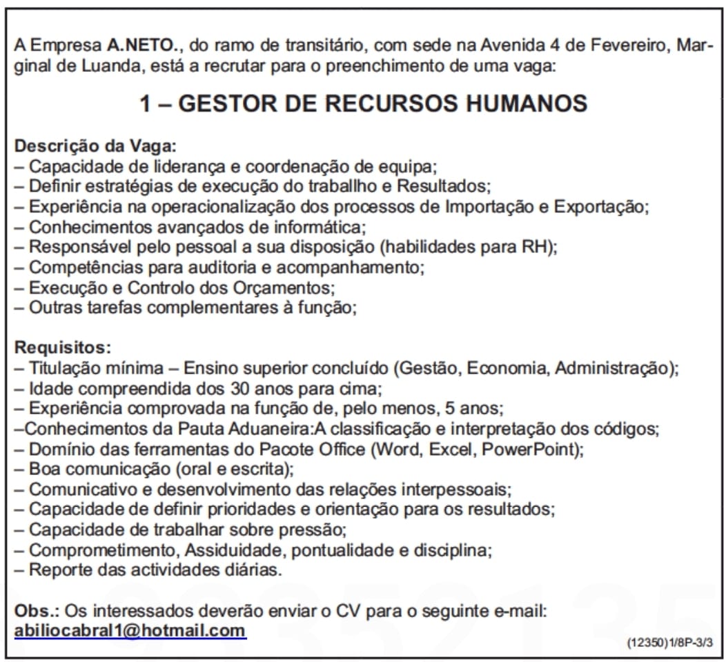 VAGA PARA UM(1) GESTOR DE RECURSOS HUMANOS 