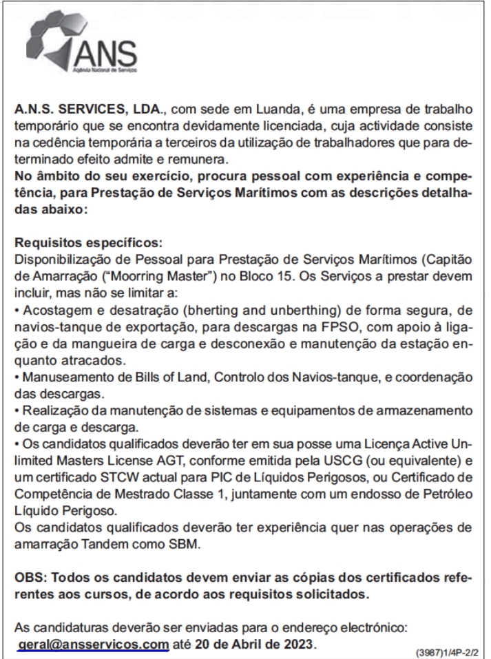 Recrutamento Para Prestação De Serviços Marítimos