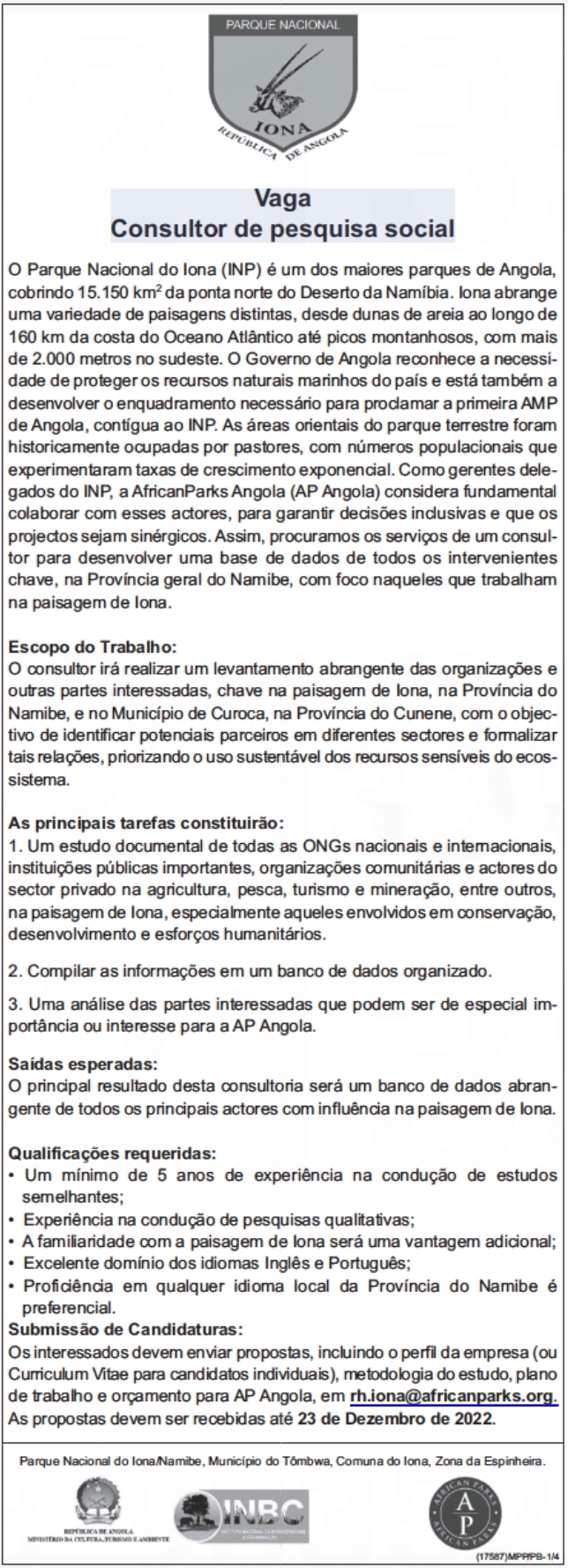 VAGA PARA  CONSULTOR DE PESQUISA SOCIAL 