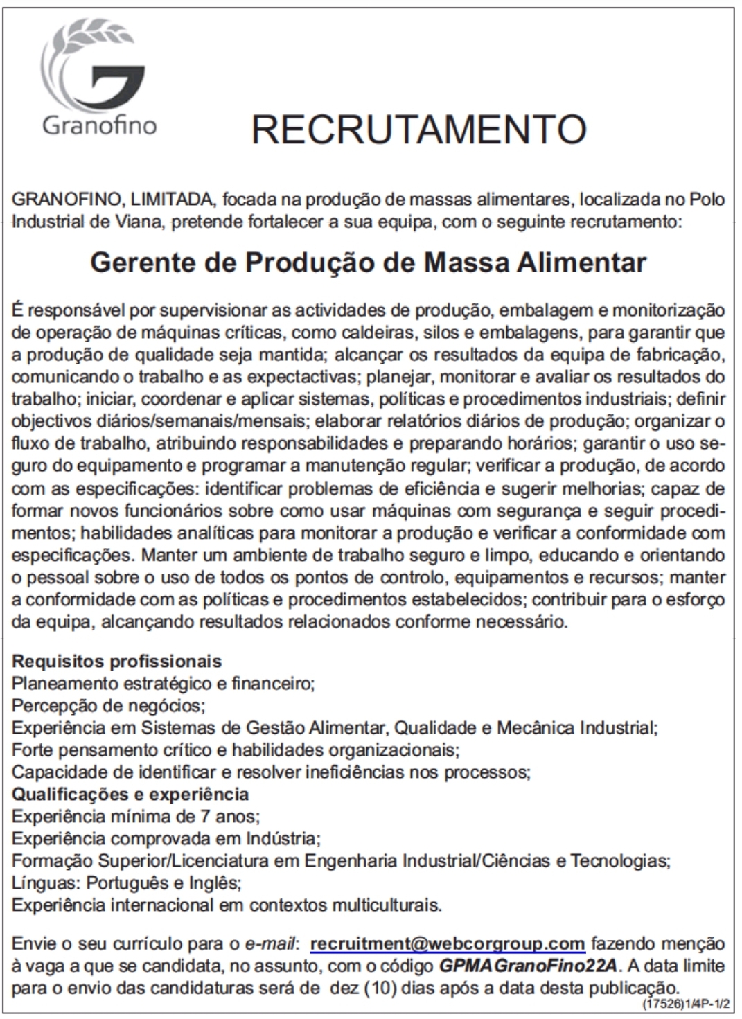 VAGA PARA GERENTE DE PRODUÇÃO DE MASSA ALIMENTAR