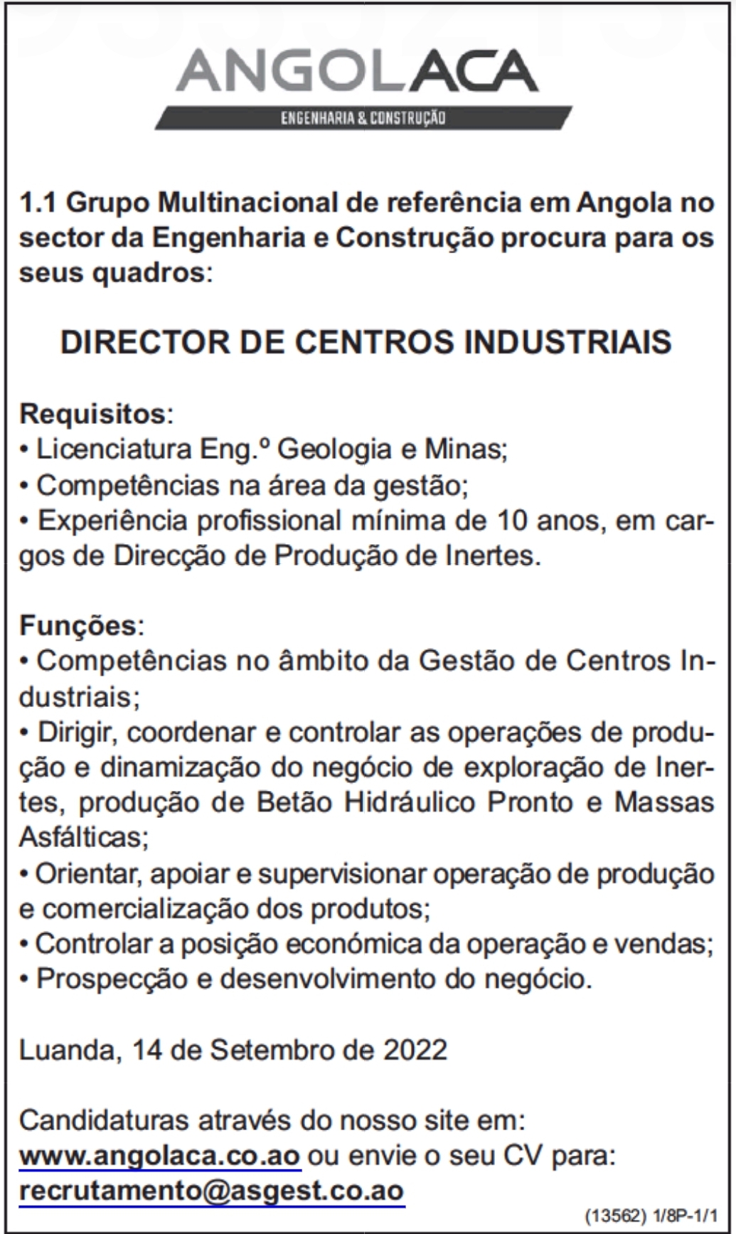 VAGA PARA DIRECTOR DE CENTROS INDUSTRIAIS