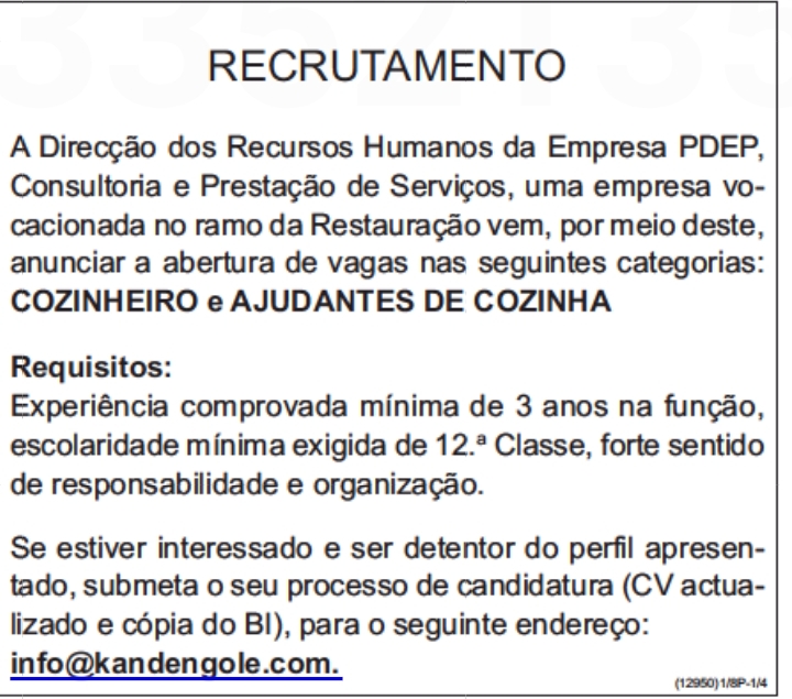 VAGA PARA COZINHEIRO E AJUDANTES DE COZINHA 