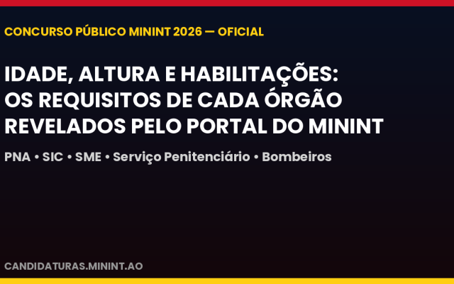 MININT revela os requisitos oficiais por órgão para o concurso público 2026: veja idade, altura e habilitações exigidas