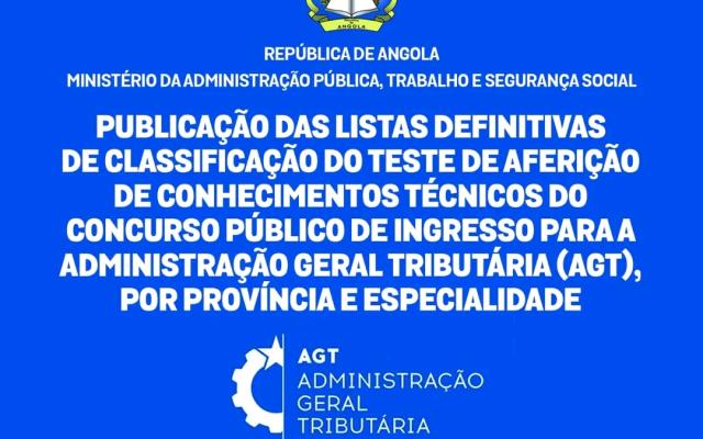 Lista definitiva de classificação do teste de aferição de conhecimentos técnicos do concurso público de ingresso para a Administração Geral Tributária (AGT)